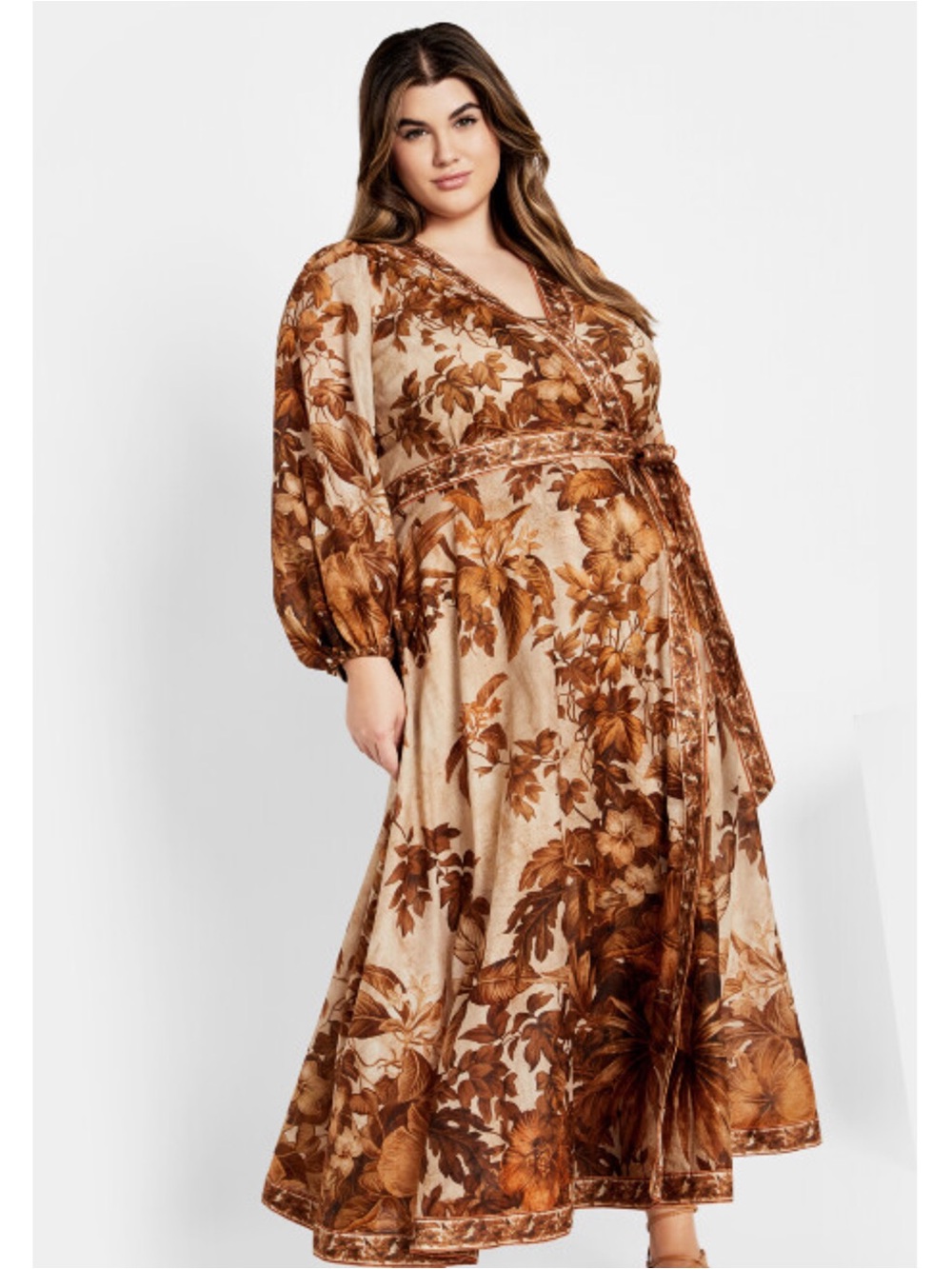 City Chic Brown Floral Wrap Maxi Dress